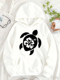 Women's Hoodie Polynesian Floral Blossom Shell With Calm Tranquil Ocean Spirit Turtle
