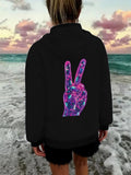 Women's Hoodie Electric Neon Hand With Peace Gesture Standing Among Sunset Beach Waves