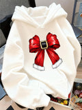 Women's Hoodie Shiny Fur Trimmed Red Ribbon With Gold Buckle Bow