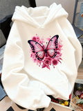 Women's Hoodie Vivid Watercolor Pink Flowers Surrounding Elegant Butterfly