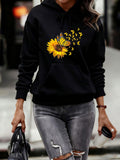 Women's Hoodie Bright Yellow Sunflower With Fluttering Butterflies Blooming Hoodie