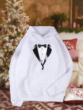 Women's Hoodie Classic White Hoodie With Tuxedo Suit Print Featuring Black Bowtie