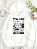 Women's Hoodie Stay Home Read Books Cute Cat Among Piles Of Stacked Books Hoodie