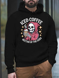 Men's Hoodie Iced Coffee Skeleton With Pink Hoodie Holding Cup Surrounded By Stars