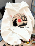 Women's Hoodie Cherry Blossom Branches With Silhouette Cat And Red Rising Sun