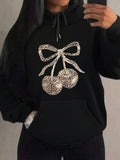 Women's Hoodie Elegant Leopard Print Bow With Shimmering Cherries Design Hoodie