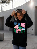 Women's Hoodie Playful Pink Animal With Bold Pastel Stylized Leaves And Abstract Flowers