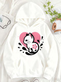 Women's Hoodie Lovely Cat With Pink Heart And Ink Splash Accent Cat