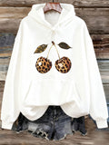Women's Hoodie Leopard Pattern Fruit Cherry With Dark Green Leaves Under Sunlight Cherry