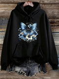 Women's Hoodie Blue Butterfly Resting On Blooming White Florals Surrounded By Leaves Hoodie
