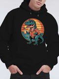 Men's Hoodie Retro Sunset With Dressed Dinosaur Holding A Drink