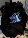 Women's Hoodie Blue Holiday Snowflakes And Patterns Among Winter Pine Trees