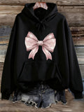 Women's Hoodie Shiny Pink Satin Bow On Classic Cozy Hoodie