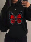 Women's Hoodie Vivid Red Patterned Wings On Black Butterfly
