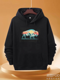 Men's Hoodie Sunset Mountain Silhouette With Standing Bison And Running Wolves
