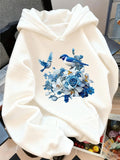 Women's Hoodie Elegant Blue Flowers With Songbirds Perched Among Garden Roses