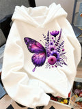 Women's Hoodie Violet Blooming Wildflowers And Elegant Purple Butterfly