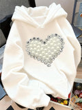 Women's Hoodie Shimmering Pearls And Rhinestones Creating A Large Central Heart Motif