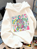 Women's Hoodie Colorful Blooming Flowers With Artistic Patterns Surrounding Decorative Turtle