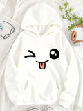 Women's Hoodie Playful Cartoon Wink Face With Smiling Tongue Out Expression Hoodie