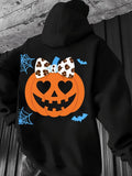 Men's Hoodie Playful Orange Pumpkin With Leopard Bow Surrounded By Blue Spiderweb And Bats Pumpkin