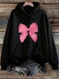 Women's Hoodie Textured Pink Fabric Bow Design On Black Hoodie