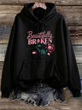 Women's Hoodie Beautifully Broken Pink Floral With Green Leaf And Rose Hoodie