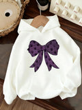 Women's Hoodie Elegant Violet Polka Dot Patterned Ribbon Bow Hoodie