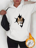 Women's Hoodie Curious Cat Peeking Through Shattered Wall With Realistic Fur Effect Cat