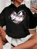 Women's Hoodie Distressed Artistic Red Stitches Shaped Into Baseball Heart