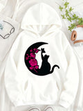 Women's Hoodie Blossoming Moonlit Night With Pink Flowers And Silhouette Cat