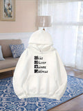 Women's Hoodie Eat Sleep Game Repeat Monochrome Minimal Icons With Bold Lettering Hoodie