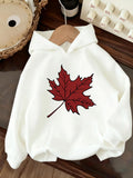 Women's Hoodie Crimson Autumn Leaf Design On Quiet White Hoodie Maple Leaf