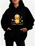 Women's Hoodie Adorable Spring Duckling Holding Silver Knife Among Blooming Colorful Tulips