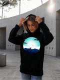 Women's Hoodie Blue Mountains Under Glowing Clouds With Flying Birds And Lone Deer