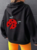 Women's Hoodie Bold Graphic With Green Leaves Surrounded By Bright Cheerful Ladybug