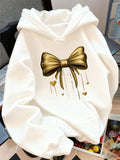 Women's Hoodie Golden Ribbon Bow With Falling Shimmer Hearts And Decorative Sparkles Bow