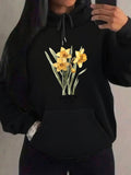 Women's Hoodie Golden Yellow Blossoms With Green Leaves On Soft Black Hoodie Flower