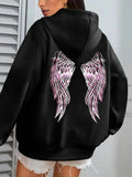 Women's Hoodie Shimmering Pink Angelic Feathered Wings On Black Hoodie