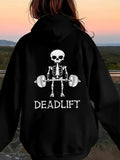 Women's Hoodie Deadlift Cartoon Skeleton Lifting Weights With Barbell On Black Hoodie