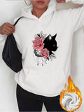 Women's Hoodie Romantic Roses With Leaves And Elegant Cat Silhouette