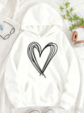 Women's Hoodie Simple Linework Heart Design Among Soft White Fabric Hoodie