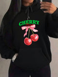 Women's Hoodie Cherry Graphic With Pink Ribbon Over Ripe Shiny Cherries Fruit