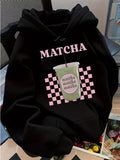 Women's Hoodie Matcha Drink With Pink Checkerboard Print Surrounded By Lettering Cup
