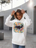 Women's Hoodie Folk Style Floral Wreath With Botanical Fruits Surrounding A Playful Cat
