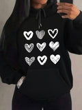 Women's Hoodie Hand Drawn Patterned Sketch Hearts On Black Hoodie