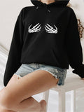 Women's Hoodie Bold Skeleton Hands Motif Playfully Placed On A Casual Black Hoodie