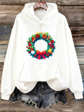 Women's Hoodie Festive Holiday Wreath With Red Ribbon Bells Berries Pinecones And Ornaments Wreath