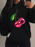 Women's Hoodie Glossy Red Cherries With Green Leaf On Black Hoodie Cherry