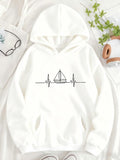 Women's Hoodie Minimalist Black Lines Forming A Sailboat With Heartbeat Waves Sailboat